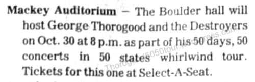 08 George Thorogood 50 50 Tour Mackey Auditorium Concert Listing Steamboat Pilot Oct 29 1981 pg 6B